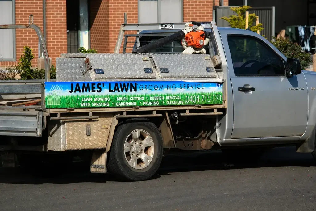 James’ ute tray packed with the blower and mowing gear between jobs